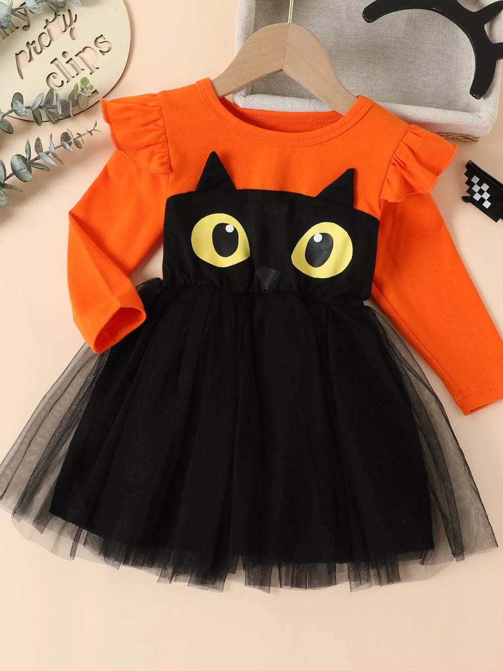 Halloween Cat Eye Ruffle Tulle Dress in Orange, product view 2