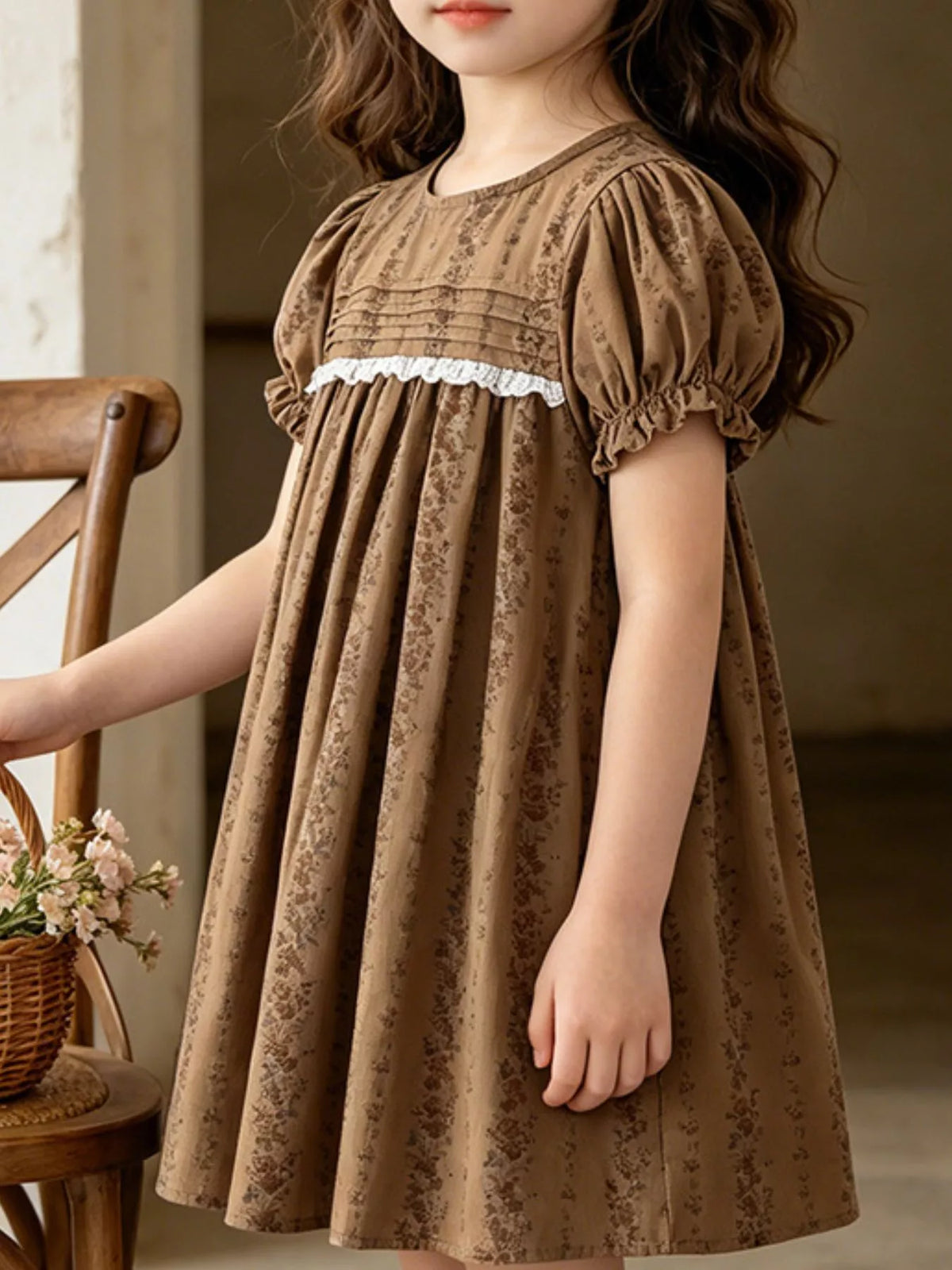 Vintage Floral Puff Sleeve Dress in Brown, product view 1