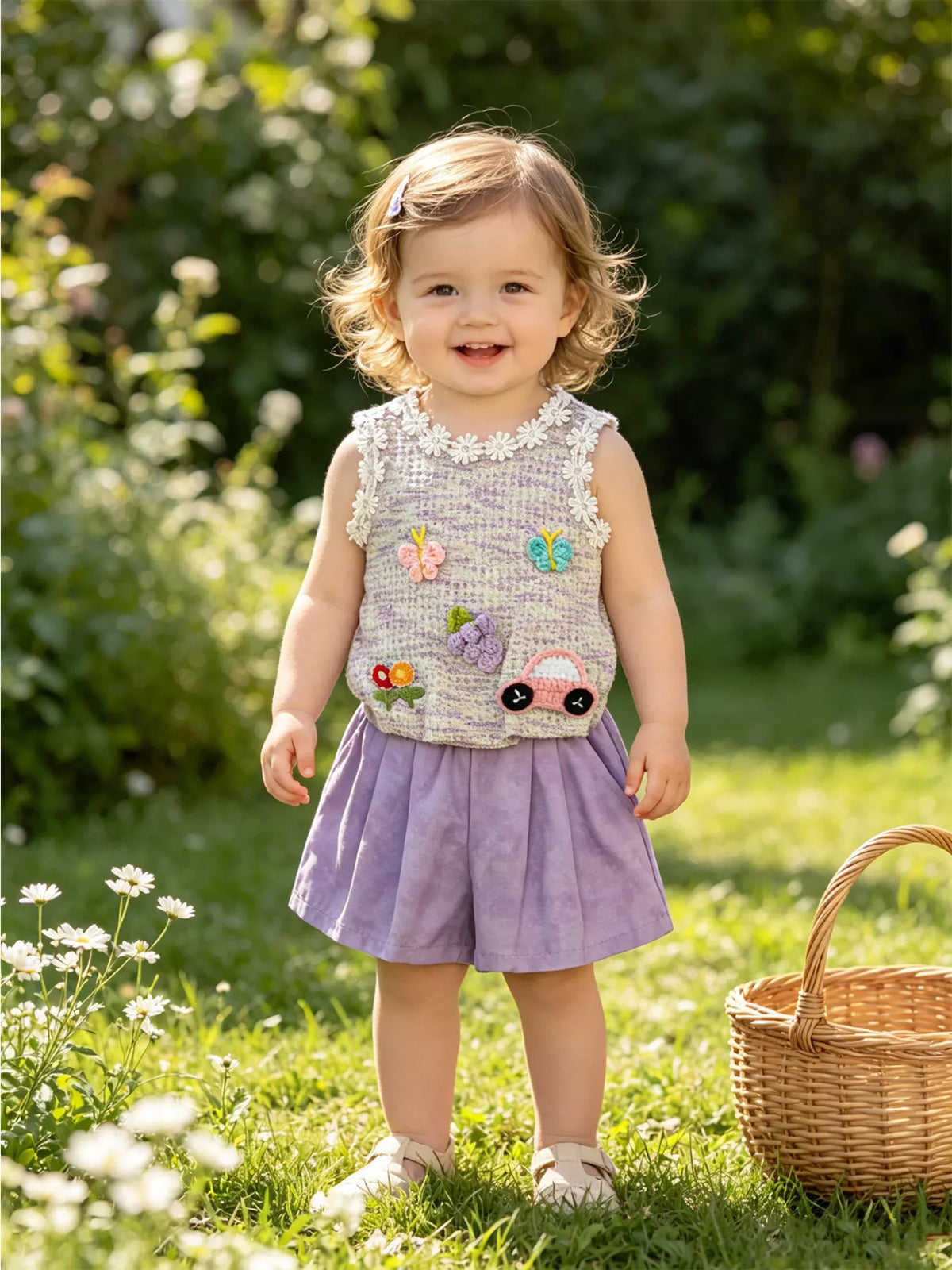 Flower Sleeveless Top and Shorts Set in Light Purple, product view 8