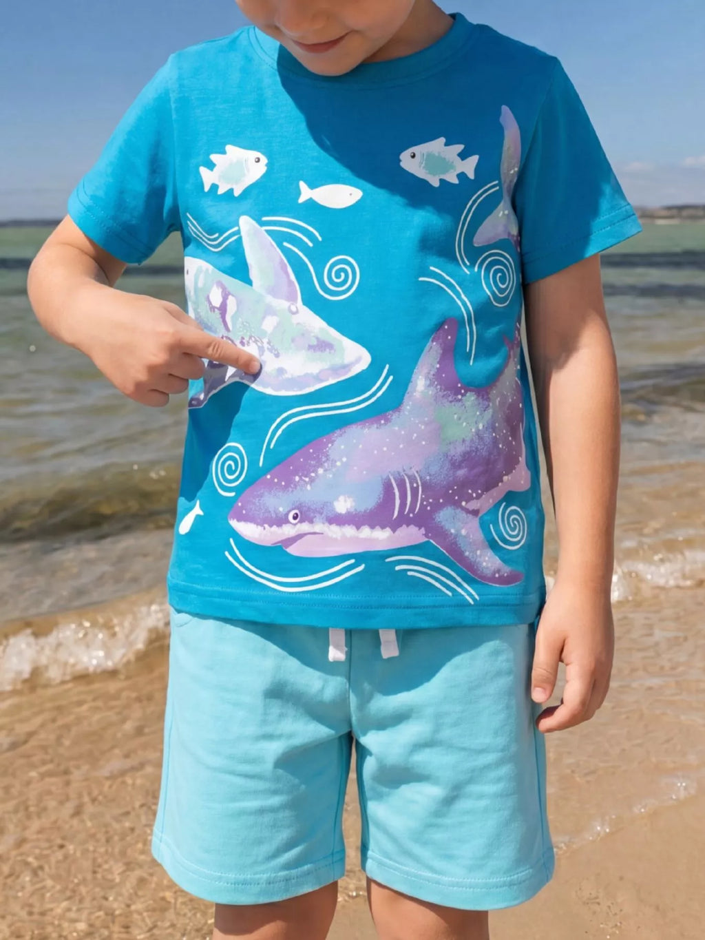Shark Print Cotton T-Shirt in Sky Blue, product view 1