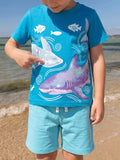 Shark Print Cotton T-Shirt in Sky Blue, product view 1