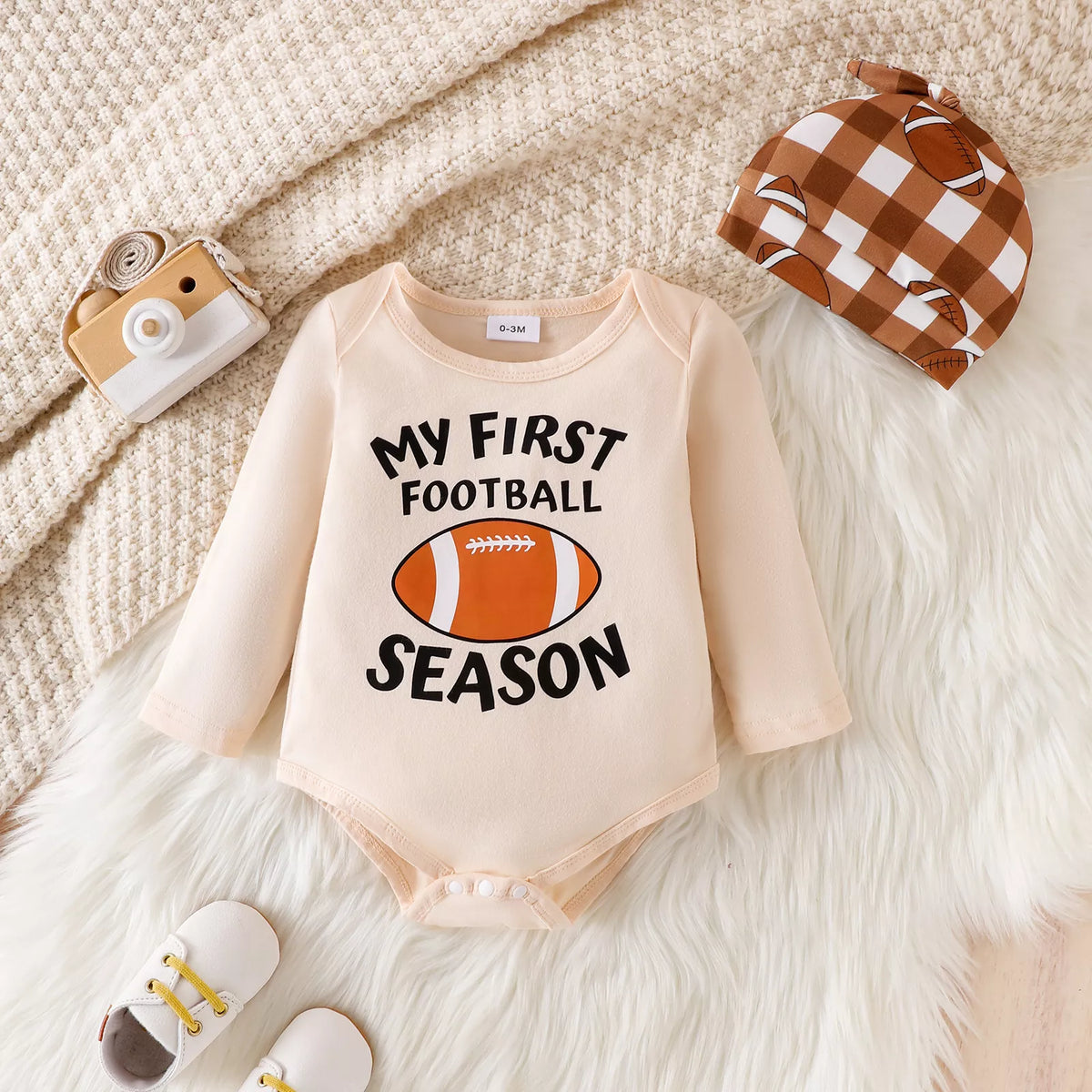 My First Football Season Bodysuit and Pants Set with Hat in Apricot, product view 3