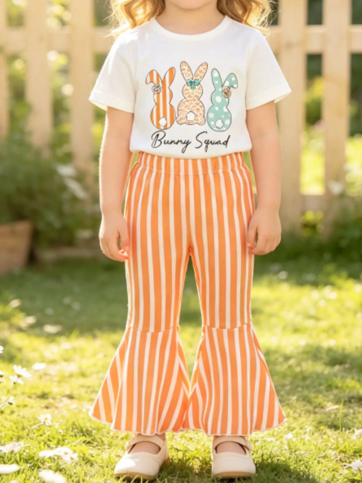 Bunny Round Neck Tee and Pants Set in White, product view 1