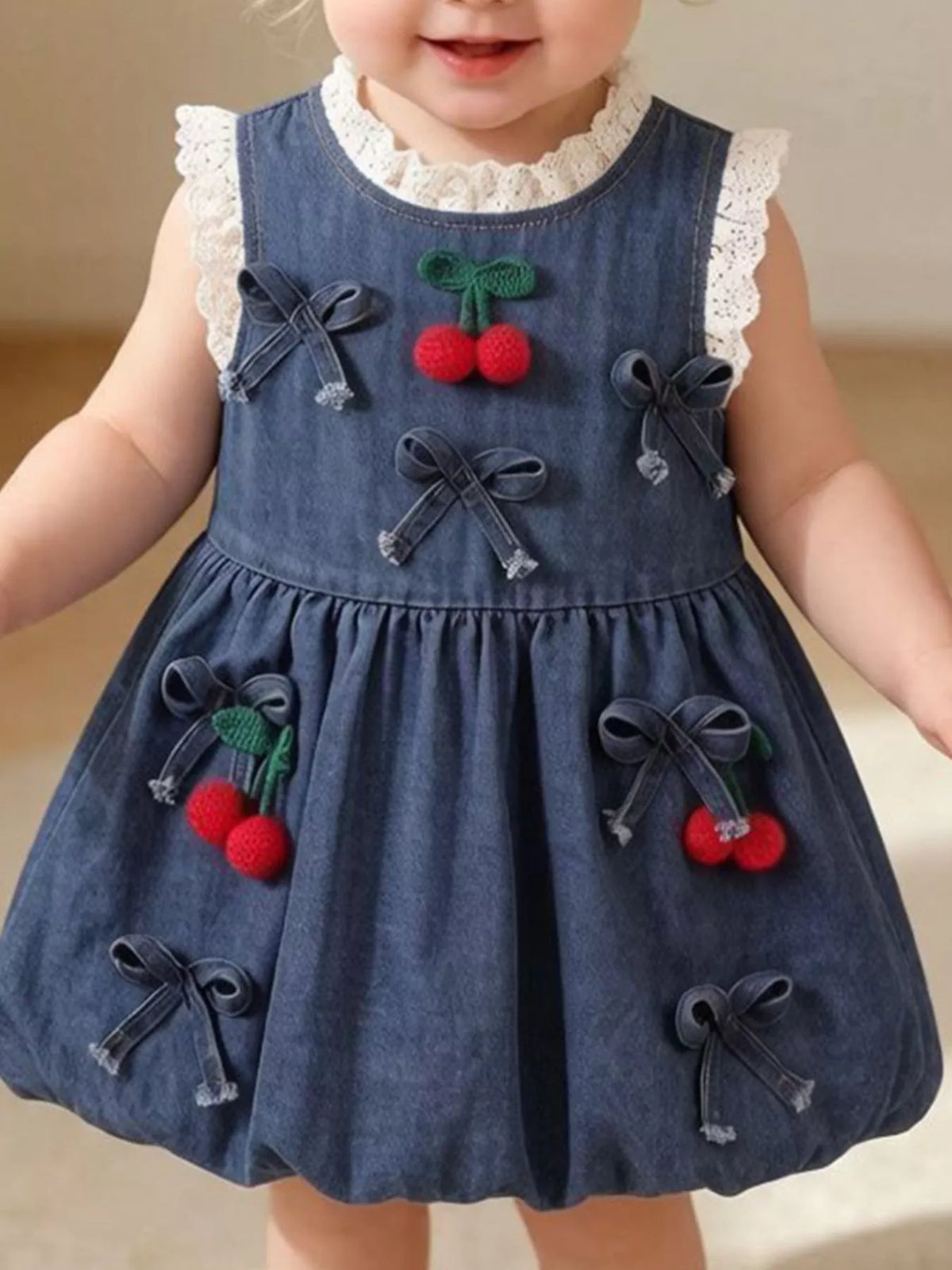 Denim Cherry Applique Dress with Lace Trim in Navy, product view 1