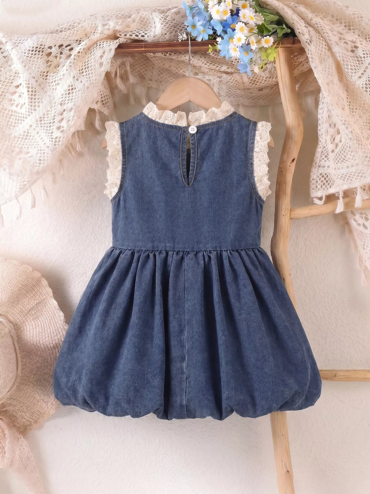 Denim Cherry Applique Dress with Lace Trim in Navy, product view 6