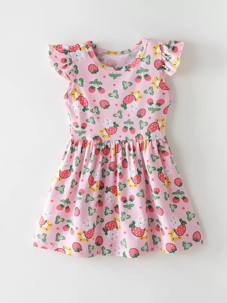 Strawberry Print Ruffle Sleeve Dress in Pink, product view 2