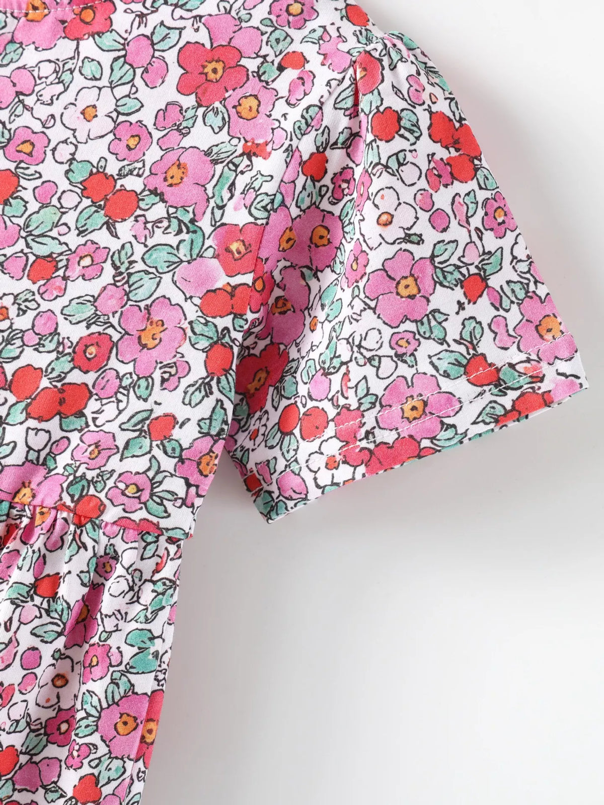 Floral Print Short Sleeve A-Line Dress in Pink, product view 4