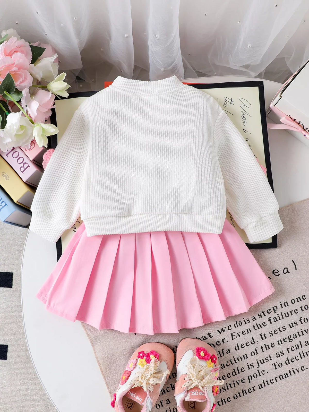 Bow Button Up Cardigan and Pleated Skirt Set in Pink, product view 6
