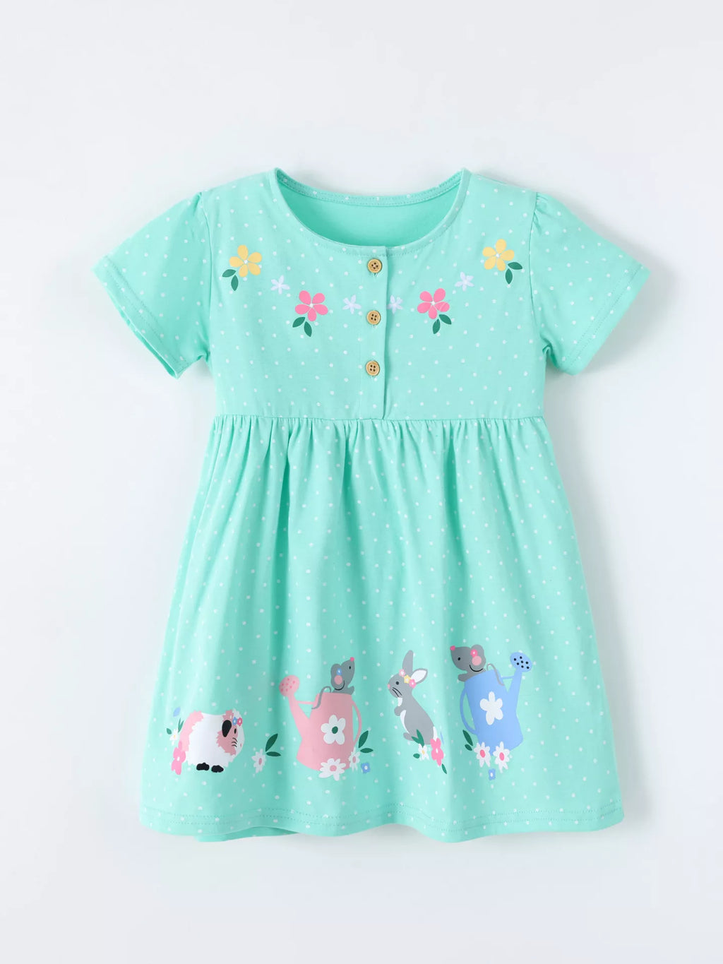 Bunny Print Button Detail Dress in Green, product view 2