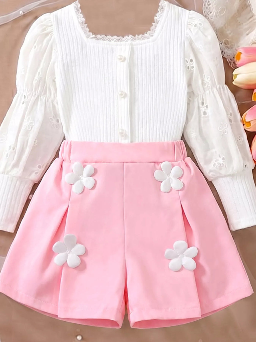 Ribbed Knit Top and Shorts Set in White, product view 5