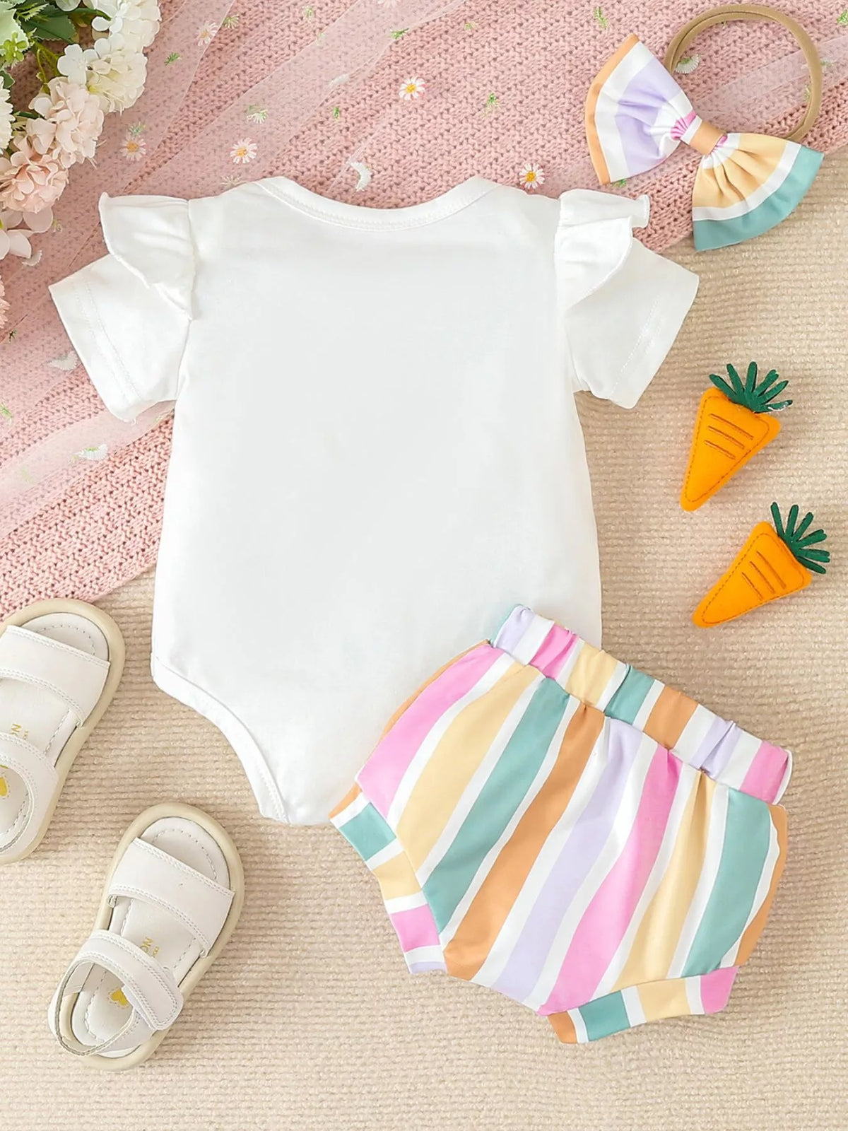 Ruffled Short Sleeve Bodysuit and Shorts Set with Headband in White, product view 6