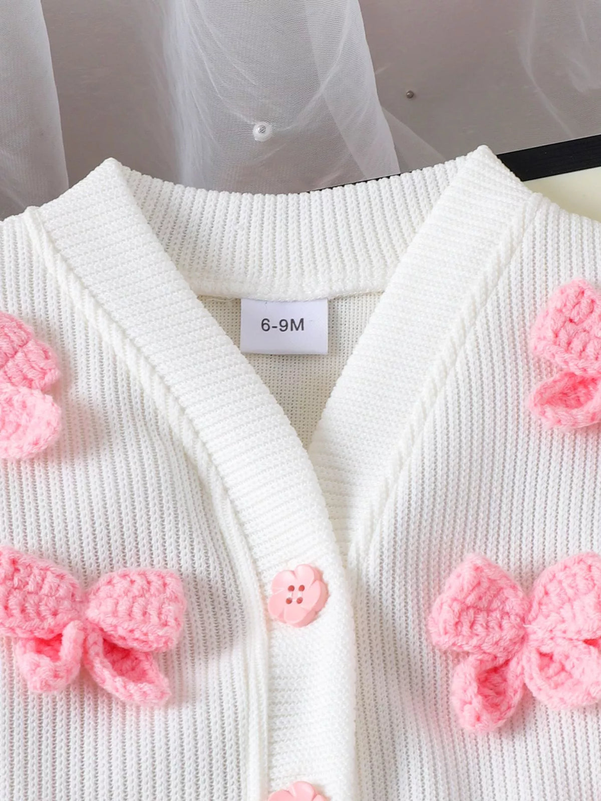 Bow Button Up Cardigan and Pleated Skirt Set in Pink, product view 3
