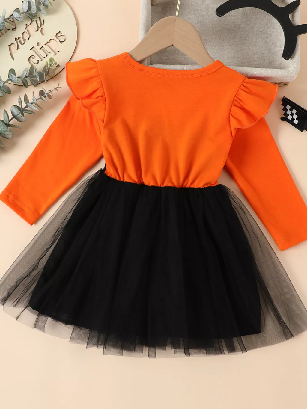 Halloween Cat Eye Ruffle Tulle Dress in Orange, product view 5