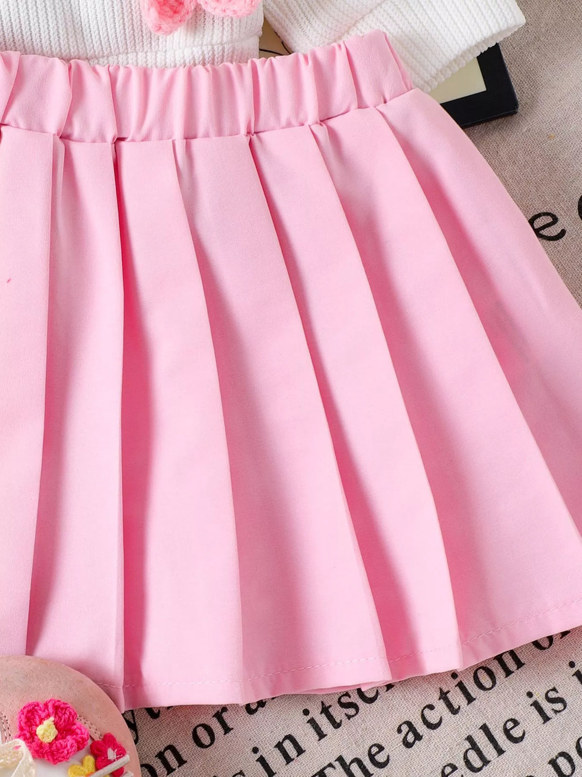 Bow Button Up Cardigan and Pleated Skirt Set in Pink, product view 5