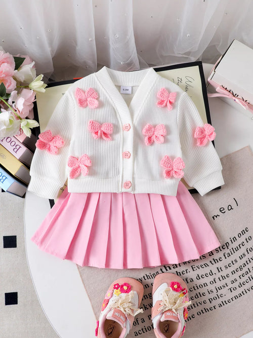 Bow Button Up Cardigan and Pleated Skirt Set in Pink, product view 2