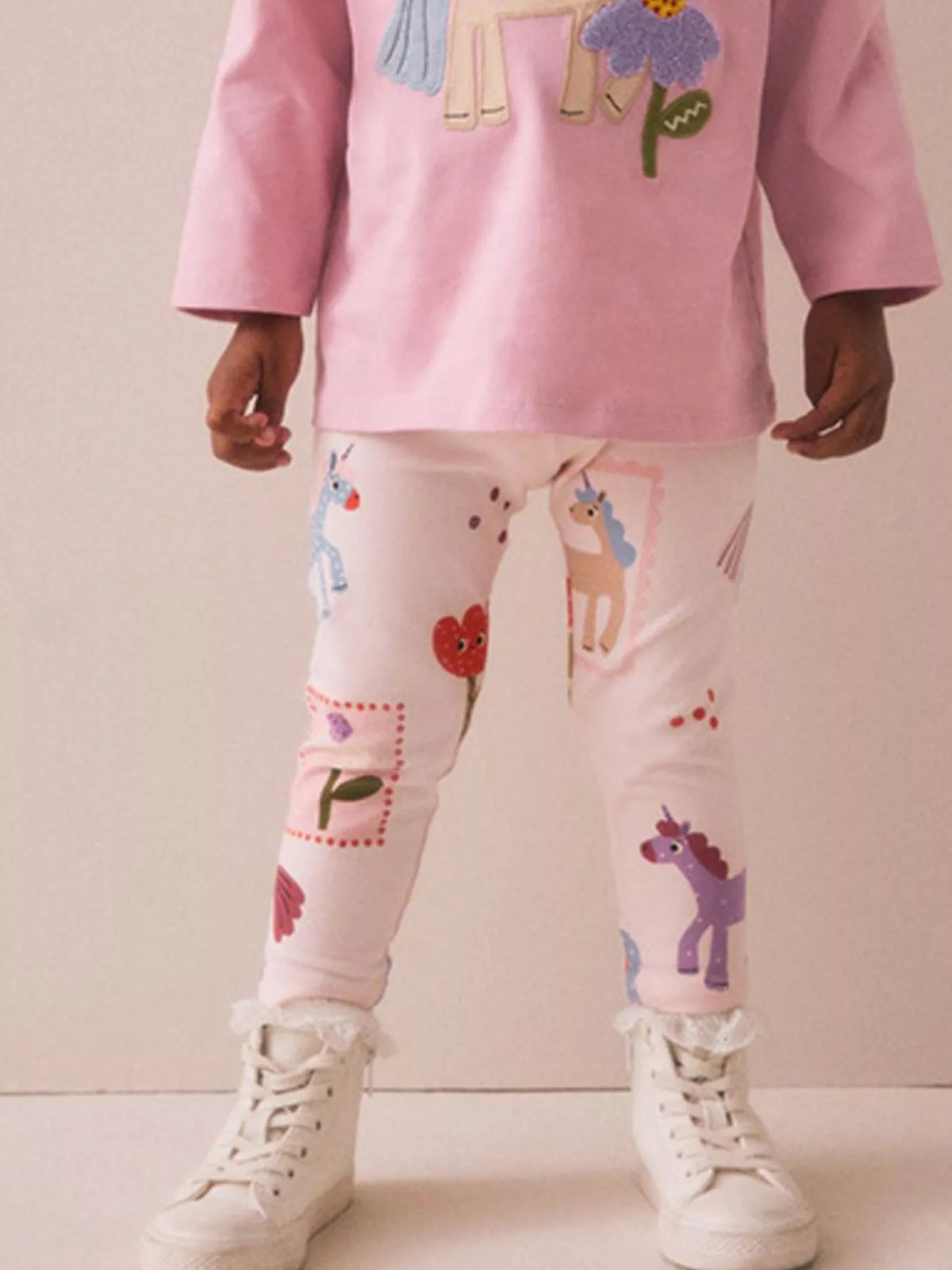 Unicorn & Floral Print Leggings in Dusty Pink, product view 1