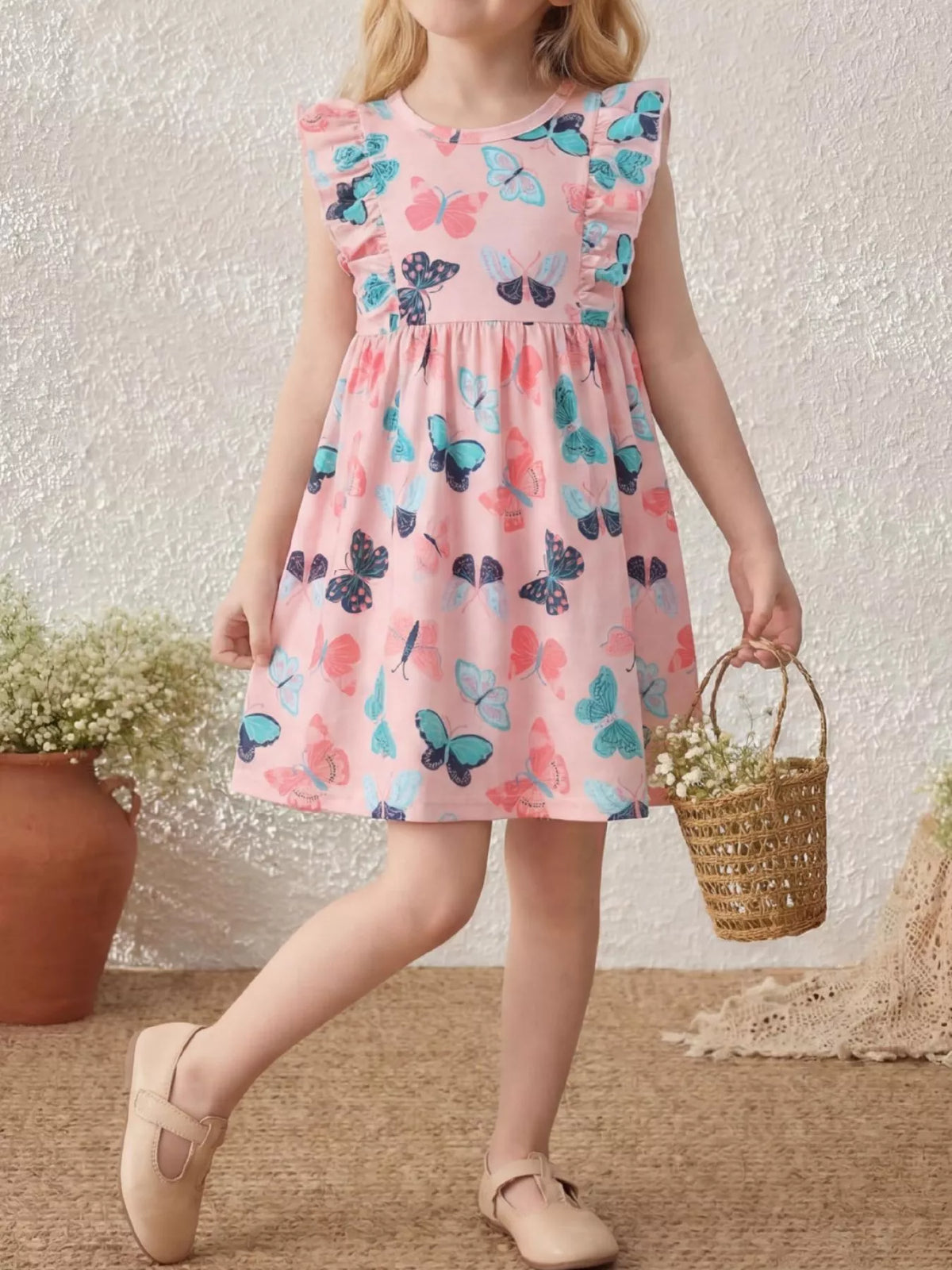 Butterfly Print Ruffle Sleeve Dress in Pink, product view 1