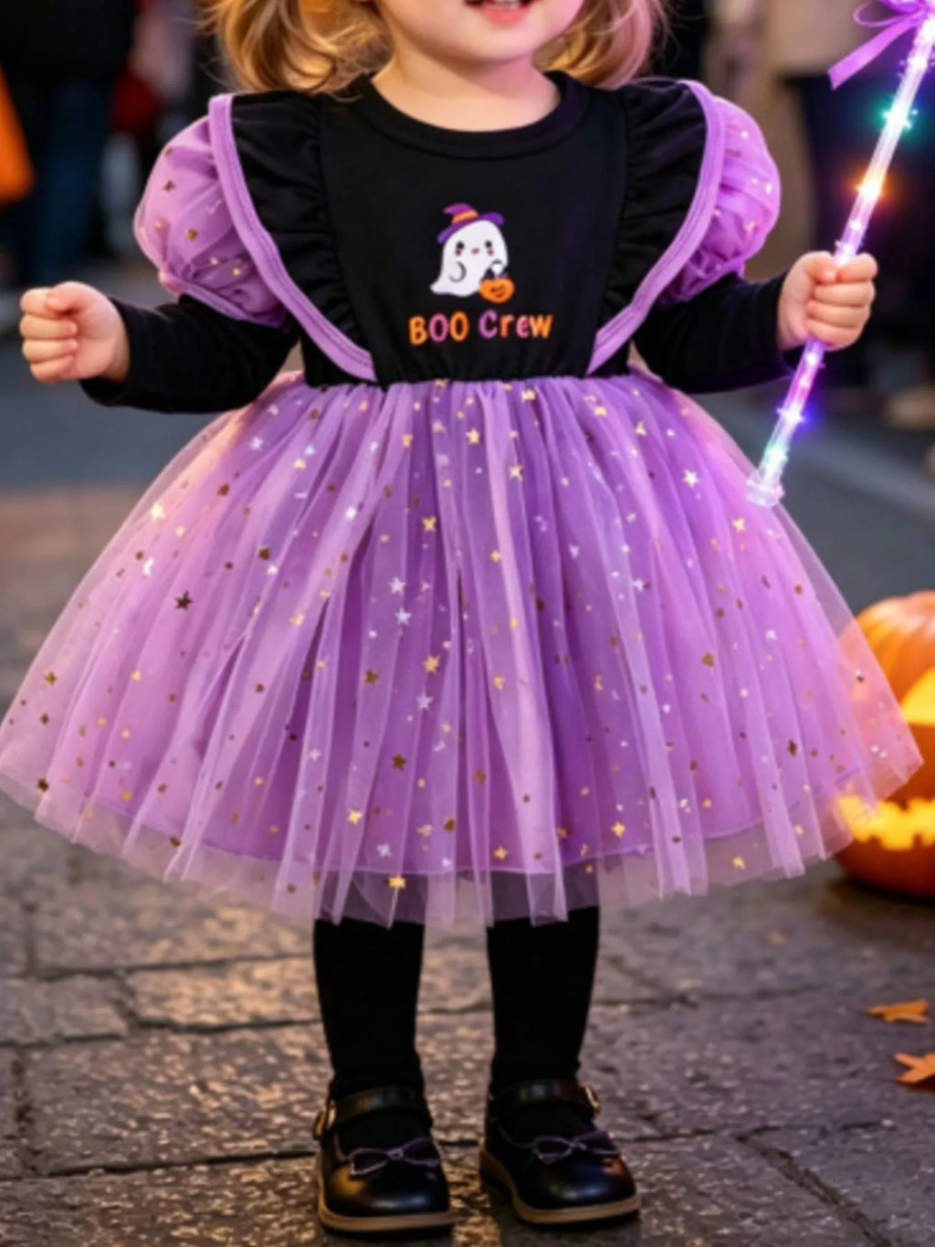 Halloween 'BOO Crew' Ghost Graphic Tulle Tutu Dress in Purple, product view 1