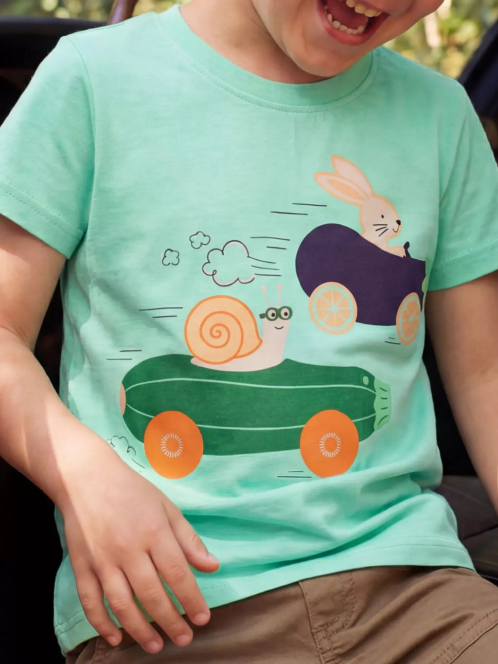 Snail and Bunny Race Graphic Short Sleeve T-Shirt in Green, product view 1