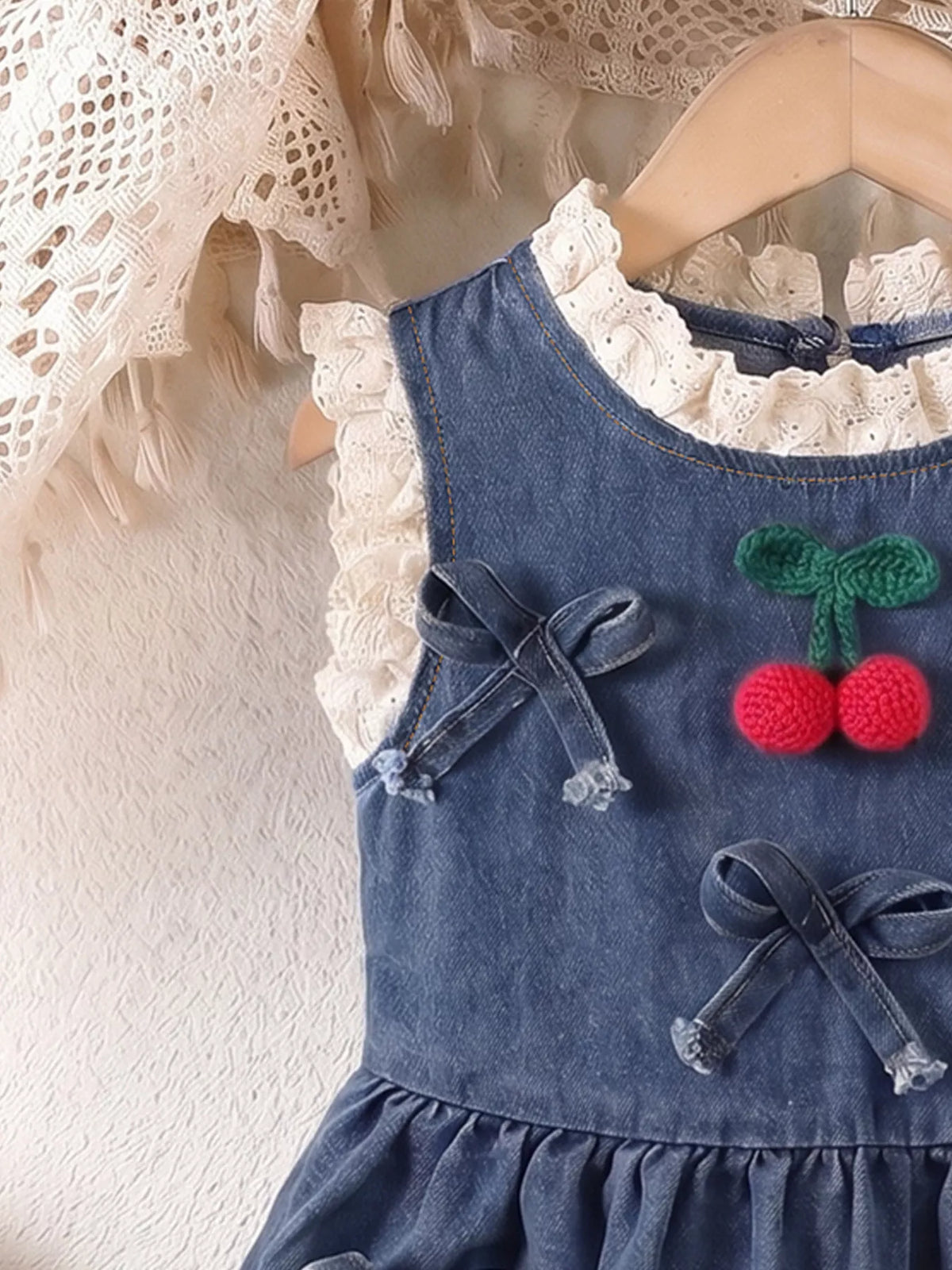 Denim Cherry Applique Dress with Lace Trim in Navy, product view 3