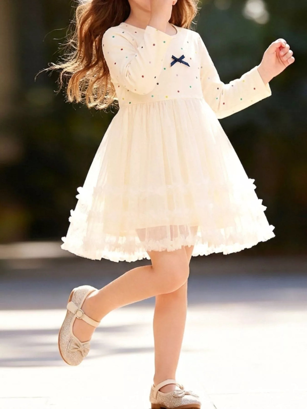 Tulle Dress with Polka Dots and Bow Detail in Cream, product view 1