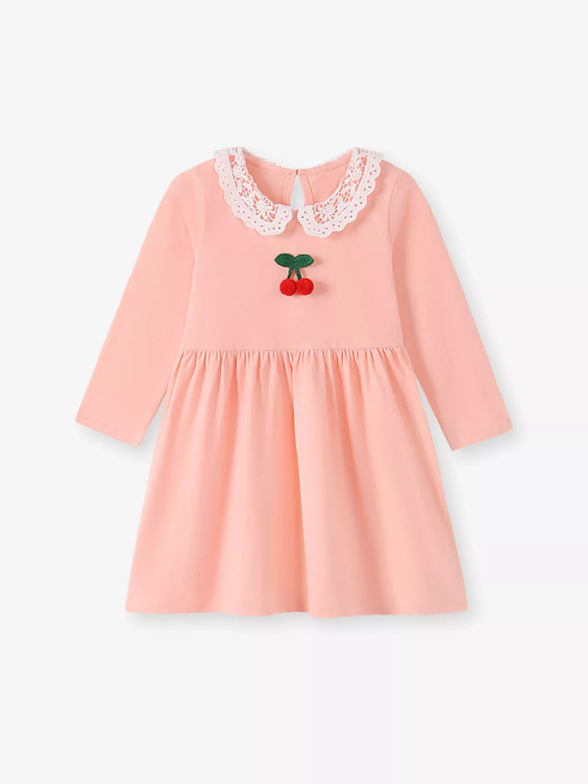 Cherry Lace Collar Long Sleeve Dress in Watermelon pink, product view 3