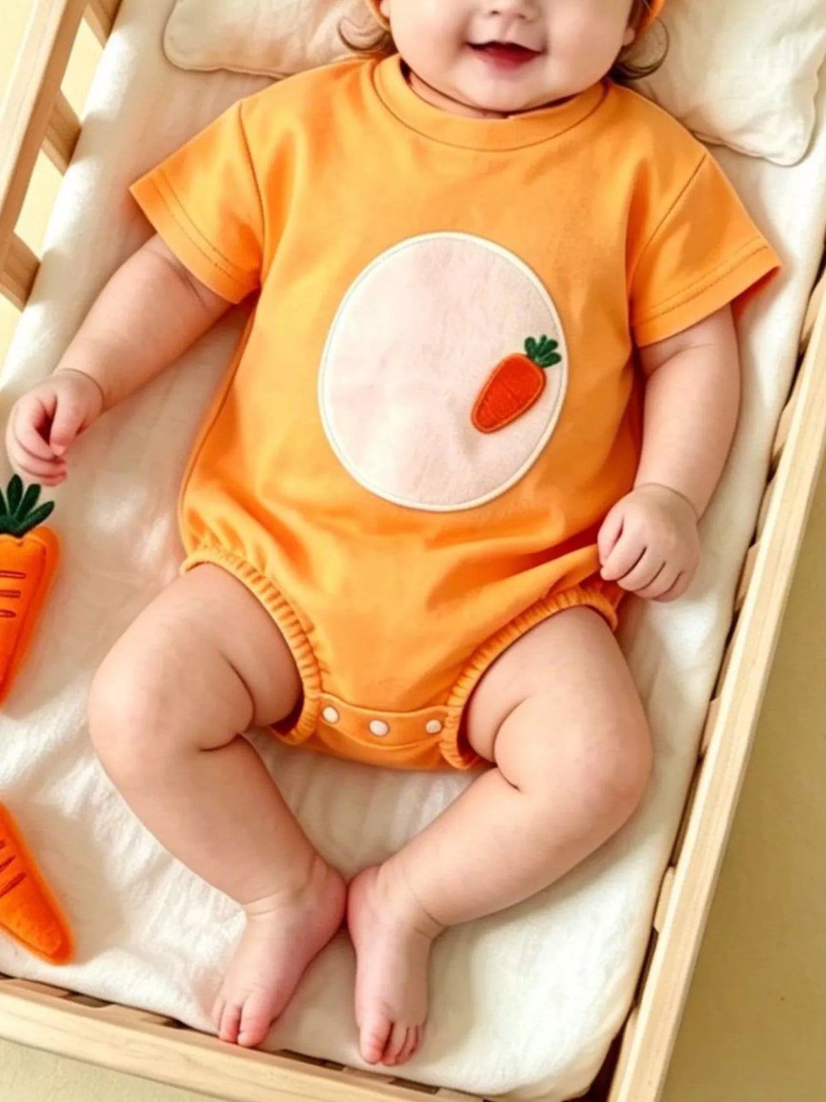 Carrot Embroidered Round Neck One-Piece & Hat Set in Orange, product view 1