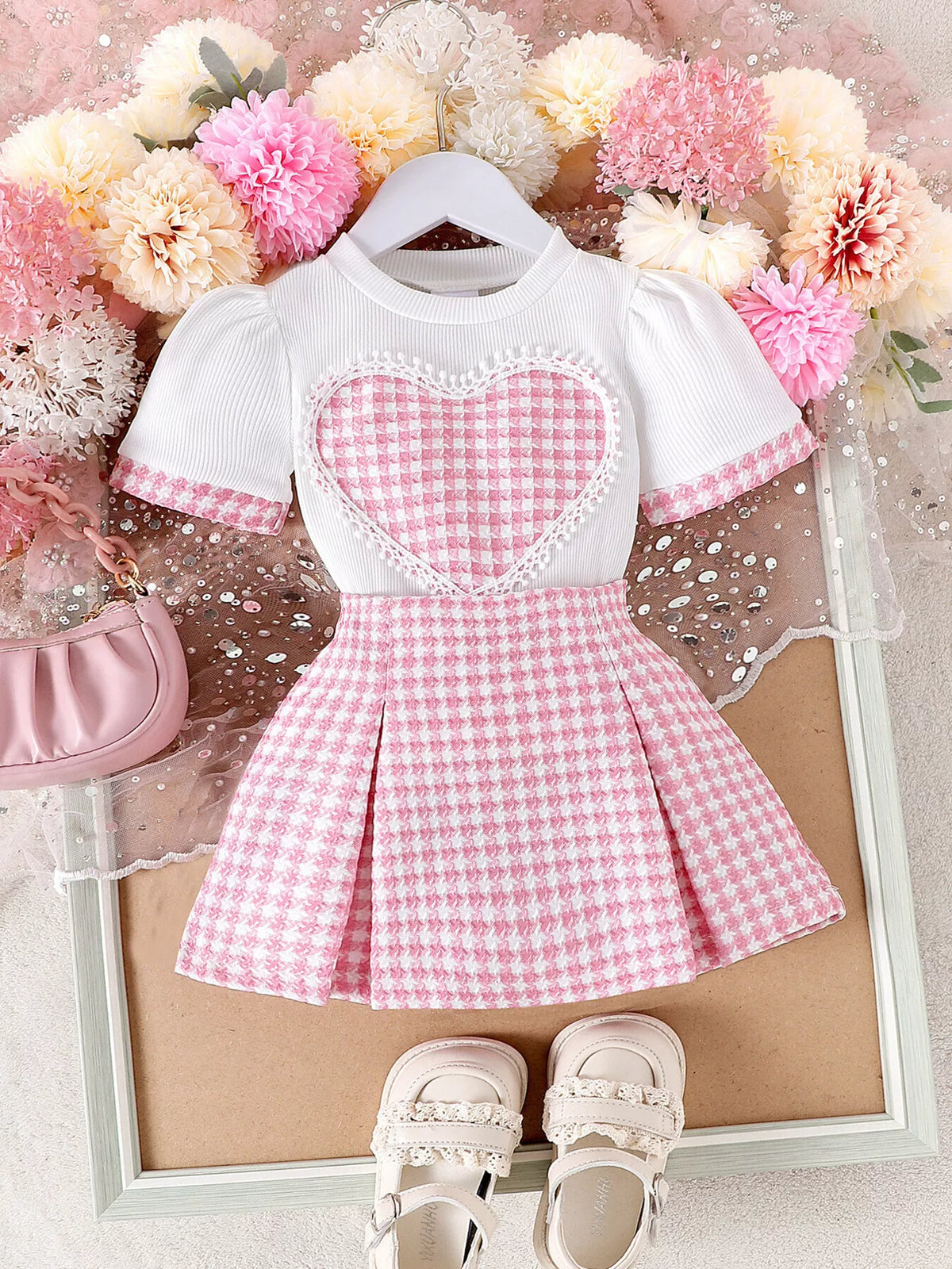 Heart Short Sleeve Top and Skirt Set in Pink, product view 2