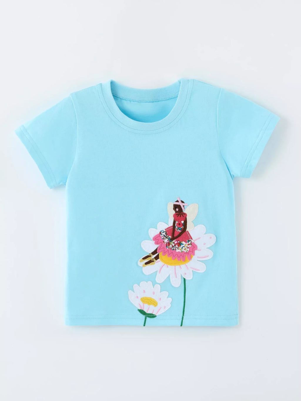 Fairy and Flower Embroidered Short Sleeve T-Shirt in Lake Blue, product view 2