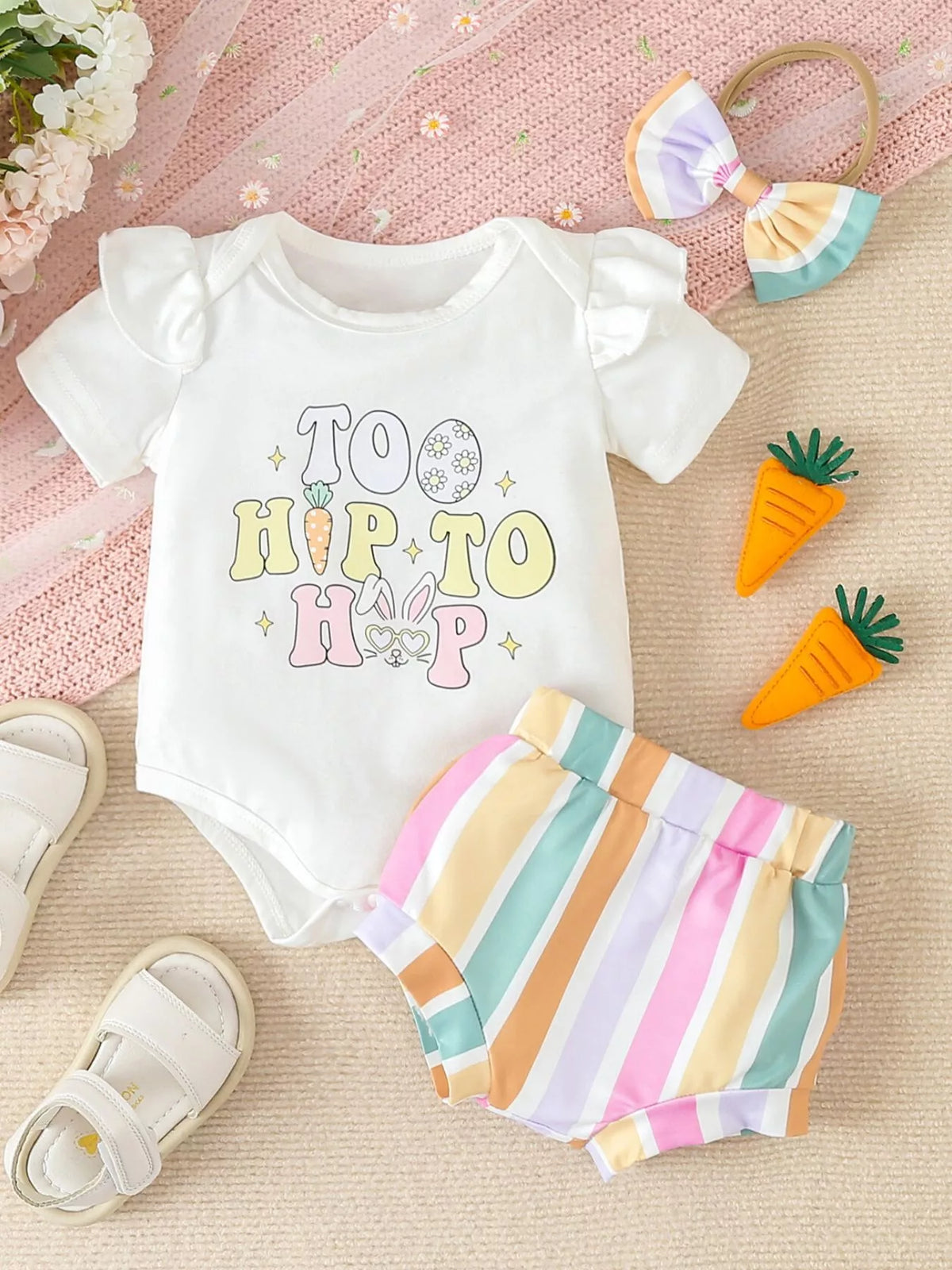 Ruffled Short Sleeve Bodysuit and Shorts Set with Headband in White, product view 2