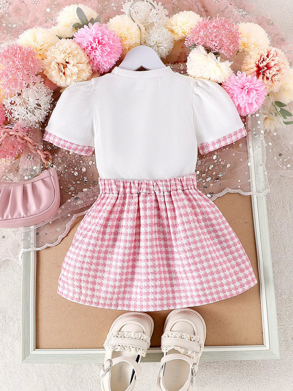 Heart Short Sleeve Top and Skirt Set in Pink, product view 6