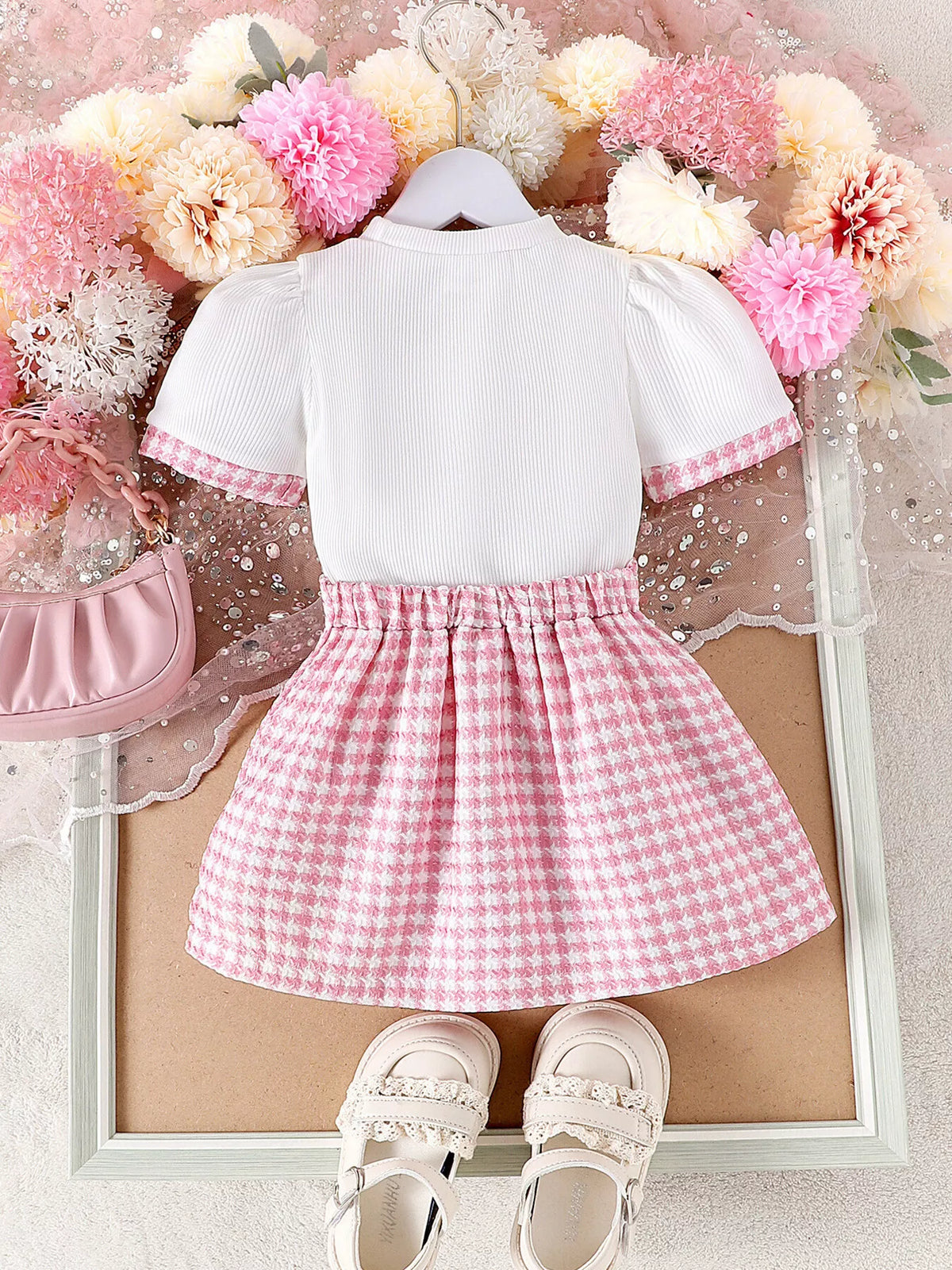 Heart Short Sleeve Top and Skirt Set in Pink, product view 6