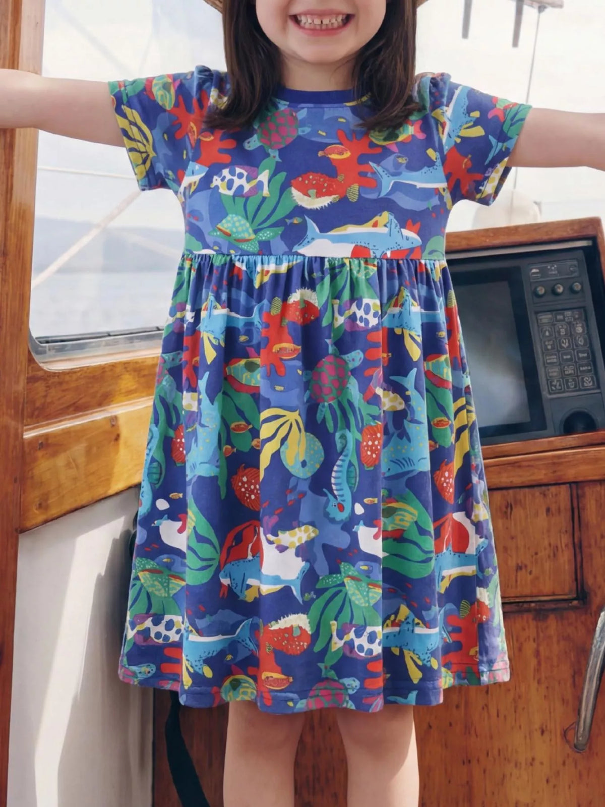 Marine Life Print A-Line Dress in Royal Blue, product view 1