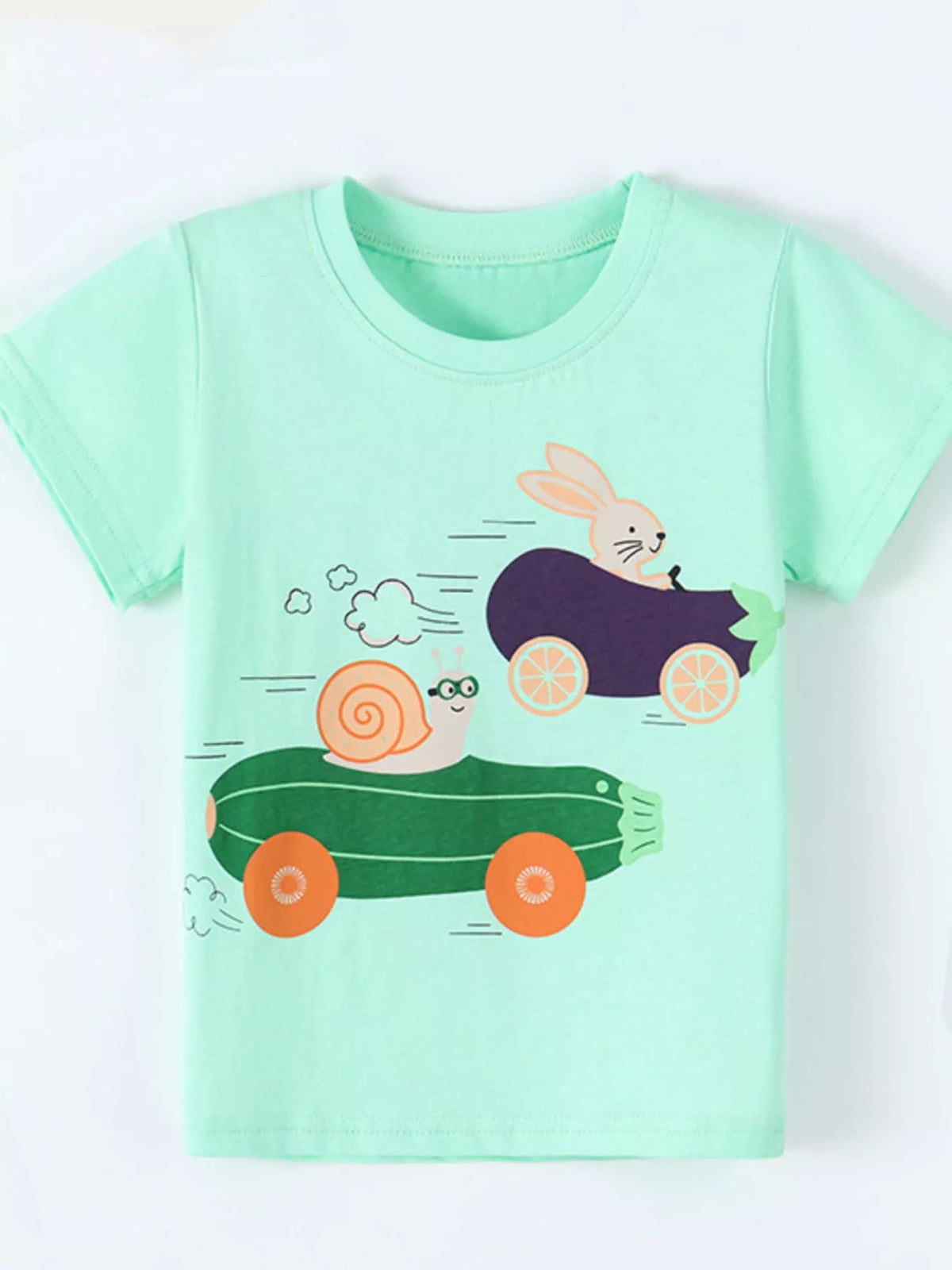 Snail and Bunny Race Graphic Short Sleeve T-Shirt in Green, product view 2