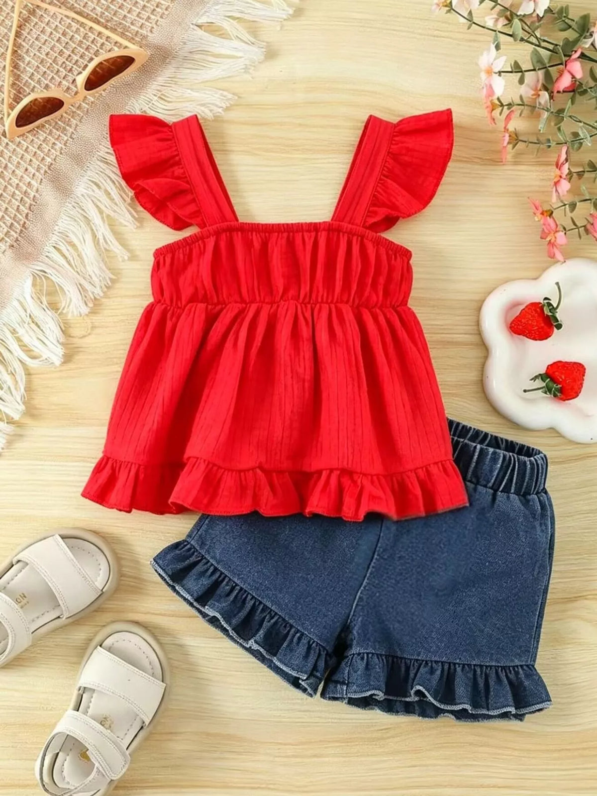 Strawberry Crochet Trimmed Top and Denim Shorts Set in Red, product view 8