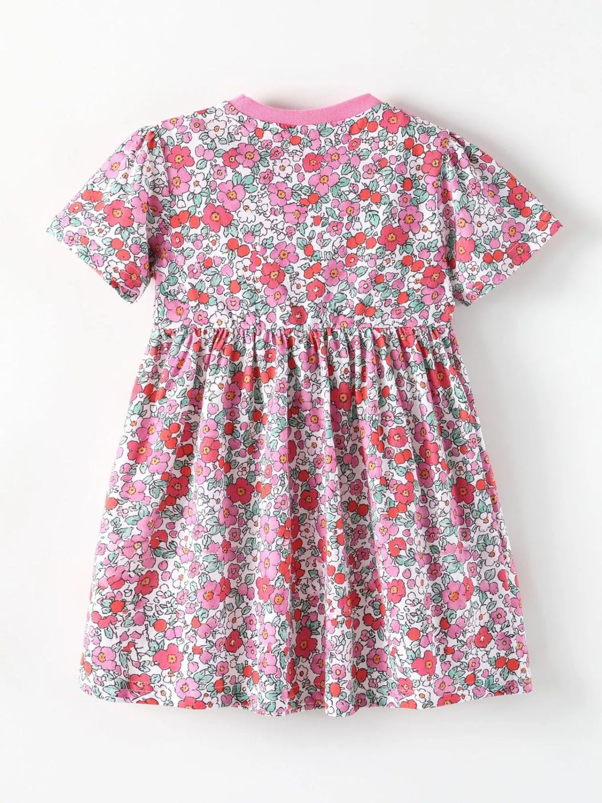 Floral Print Short Sleeve A-Line Dress in Pink, product view 6