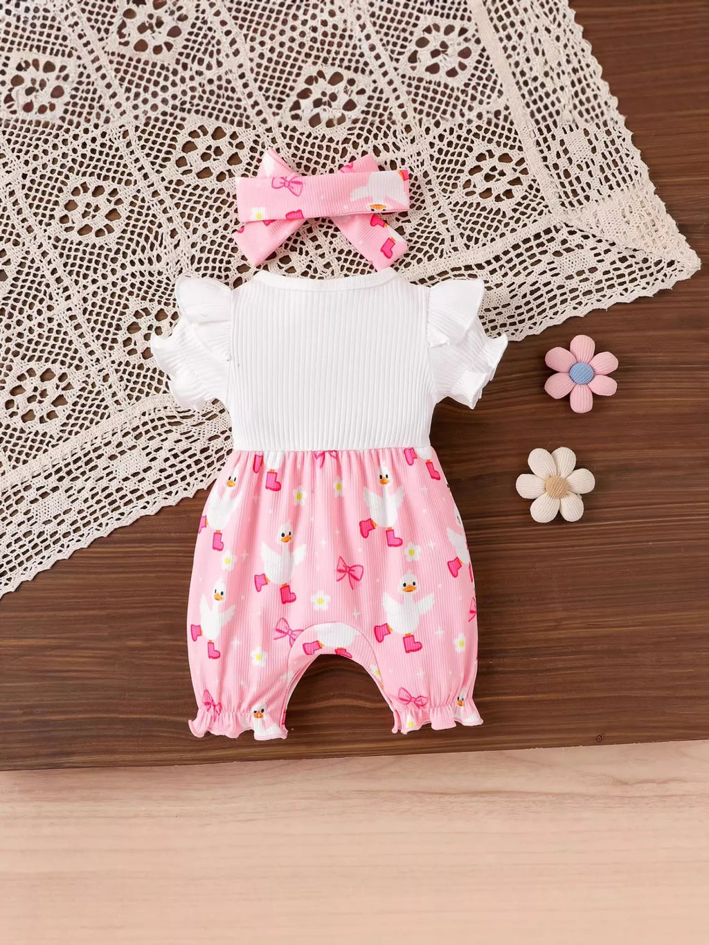 Bow Duck Print Romper with Headband in Pink, product view 8