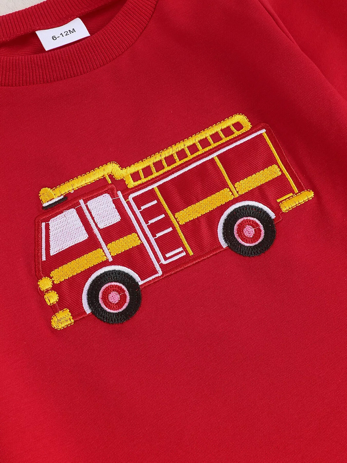 Fire Truck Embroidered Top and Pants Set in Red, product view 3