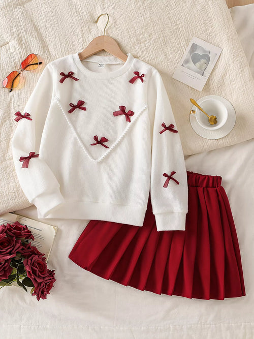 Bow Long Sleeve Top and Skirt Set in White, product view 1