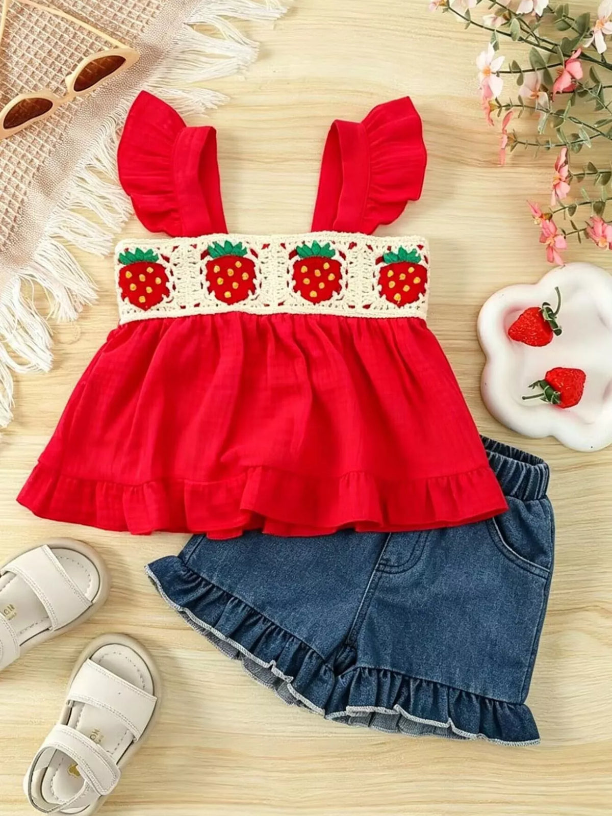 Strawberry Crochet Trimmed Top and Denim Shorts Set in Red, product view 2