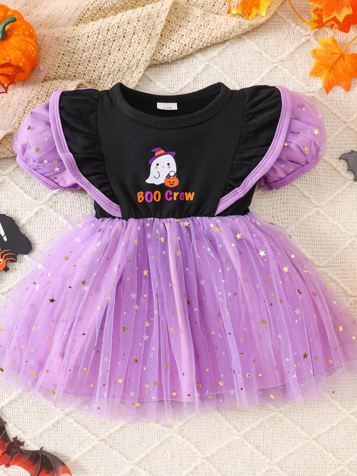 Halloween 'BOO Crew' Ghost Graphic Tulle Tutu Dress in Purple, product view 2