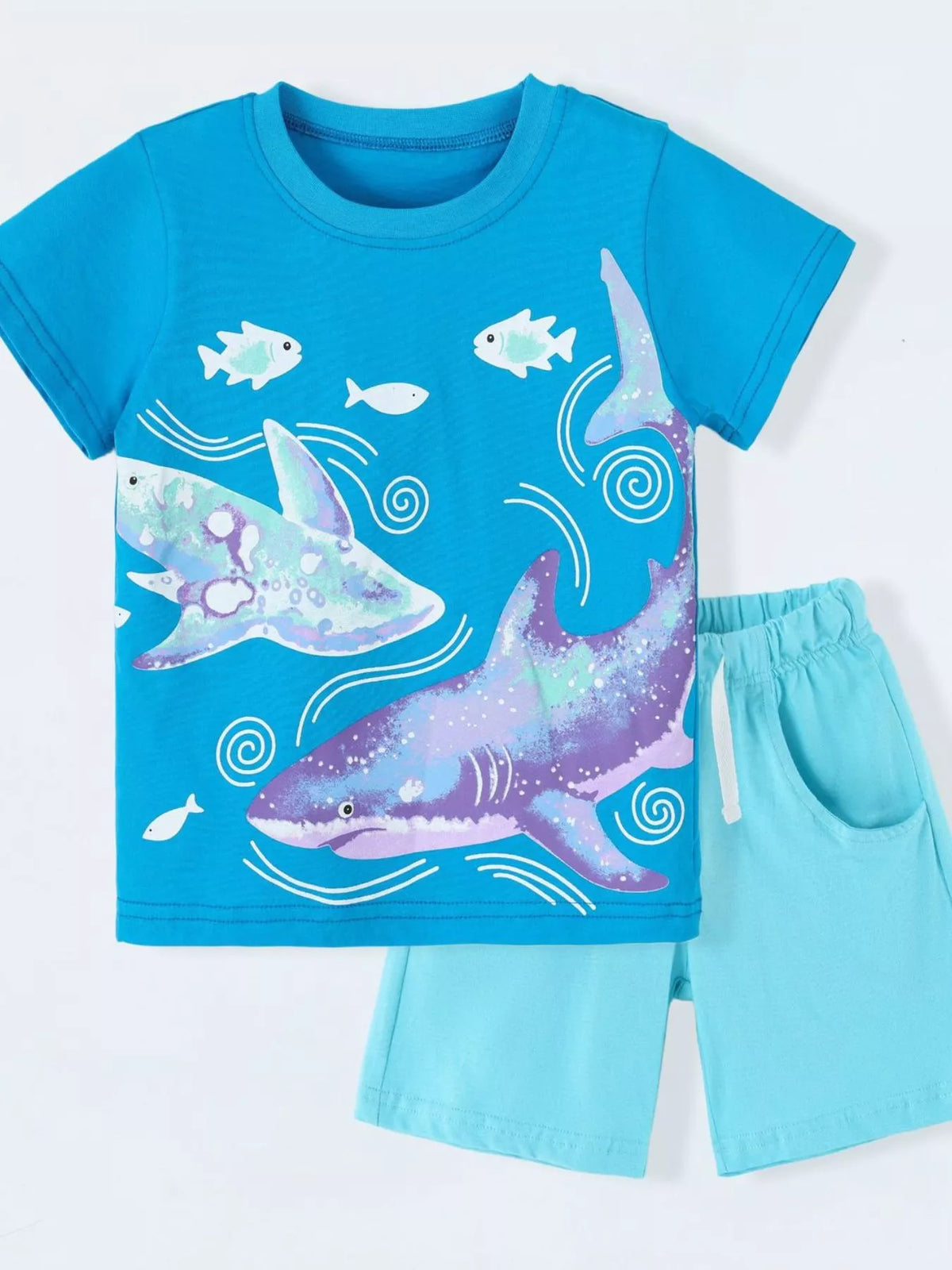 Shark Print Cotton T-Shirt in Sky Blue, product view 2