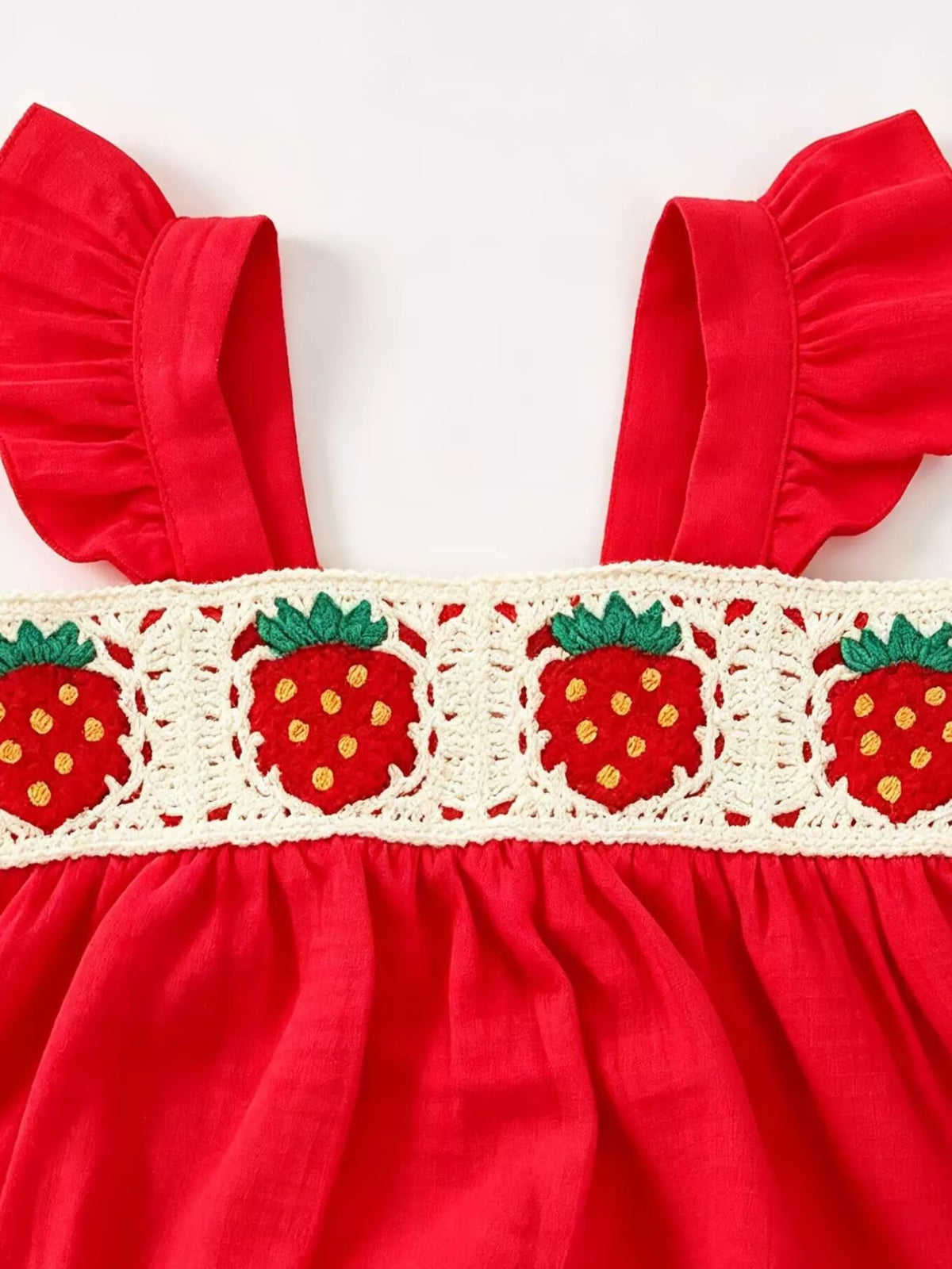 Strawberry Crochet Trimmed Top and Denim Shorts Set in Red, product view 3