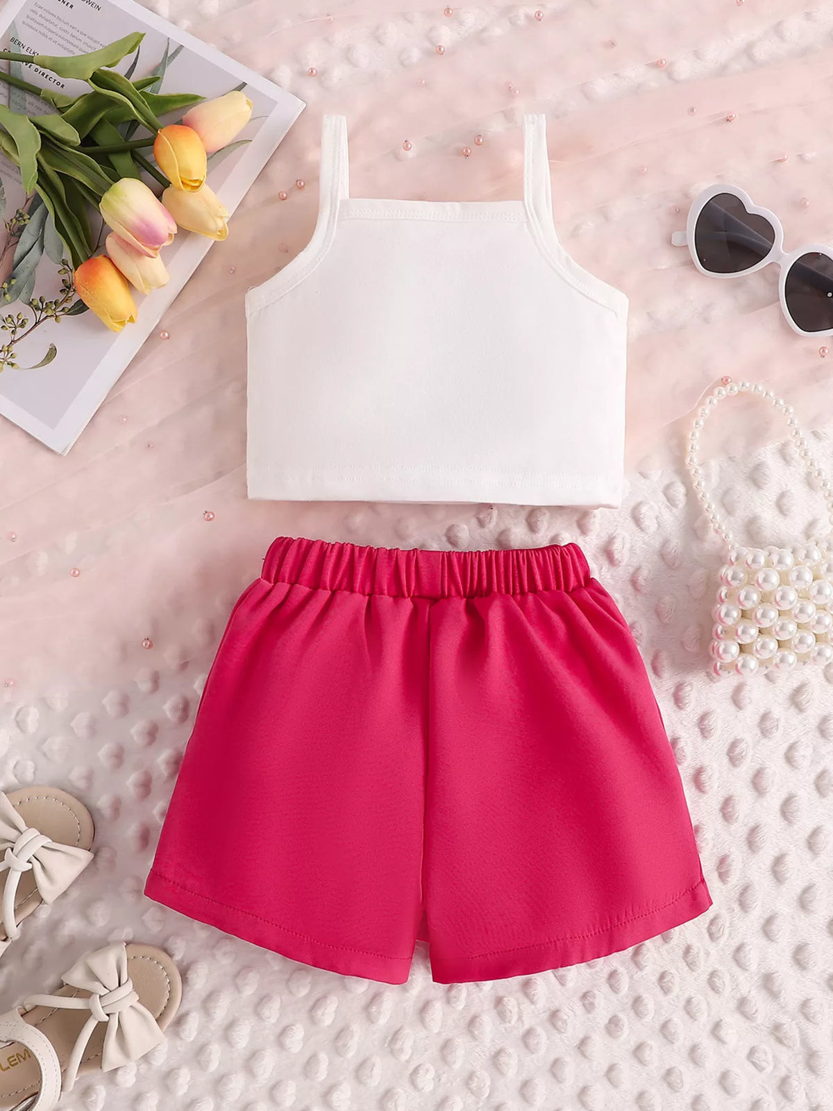 Letter Graphic Cami and Bow Skort Set in White, product view 7