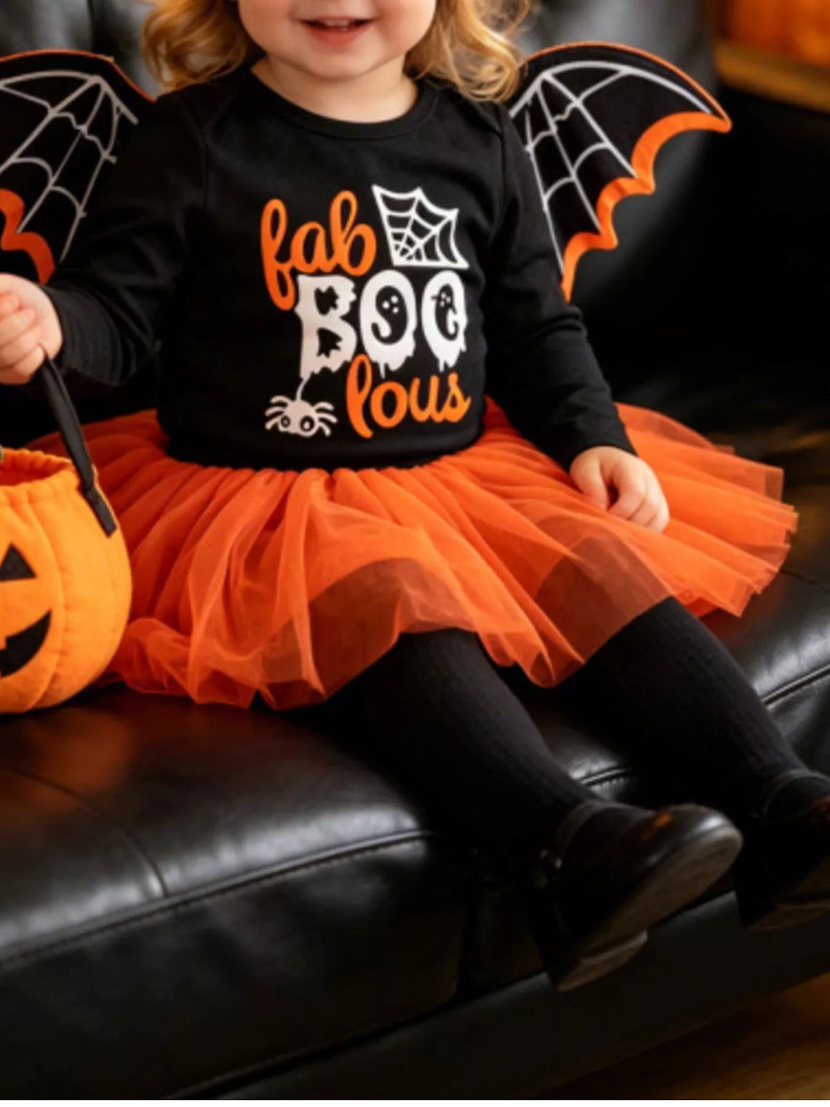 Halloween 'Fab-Boo-Lous' Bat Wing Long Sleeve Top and Tulle Skirt Set in Black, product view 1