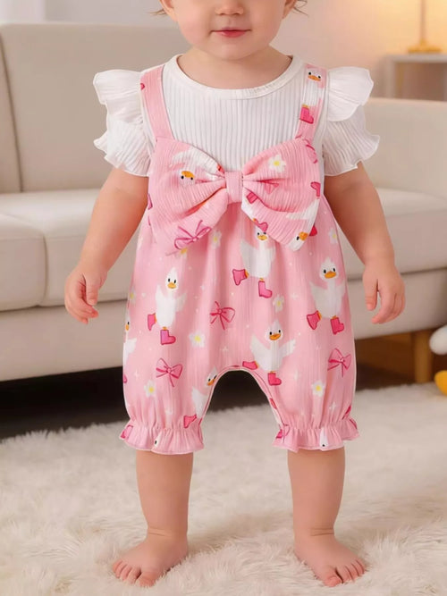 Bow Duck Print Romper with Headband in Pink, product view 1
