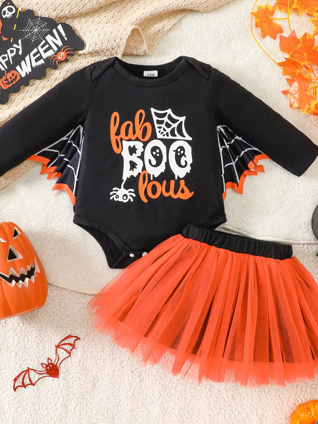 Halloween 'Fab-Boo-Lous' Bat Wing Long Sleeve Top and Tulle Skirt Set in Black, product view 2