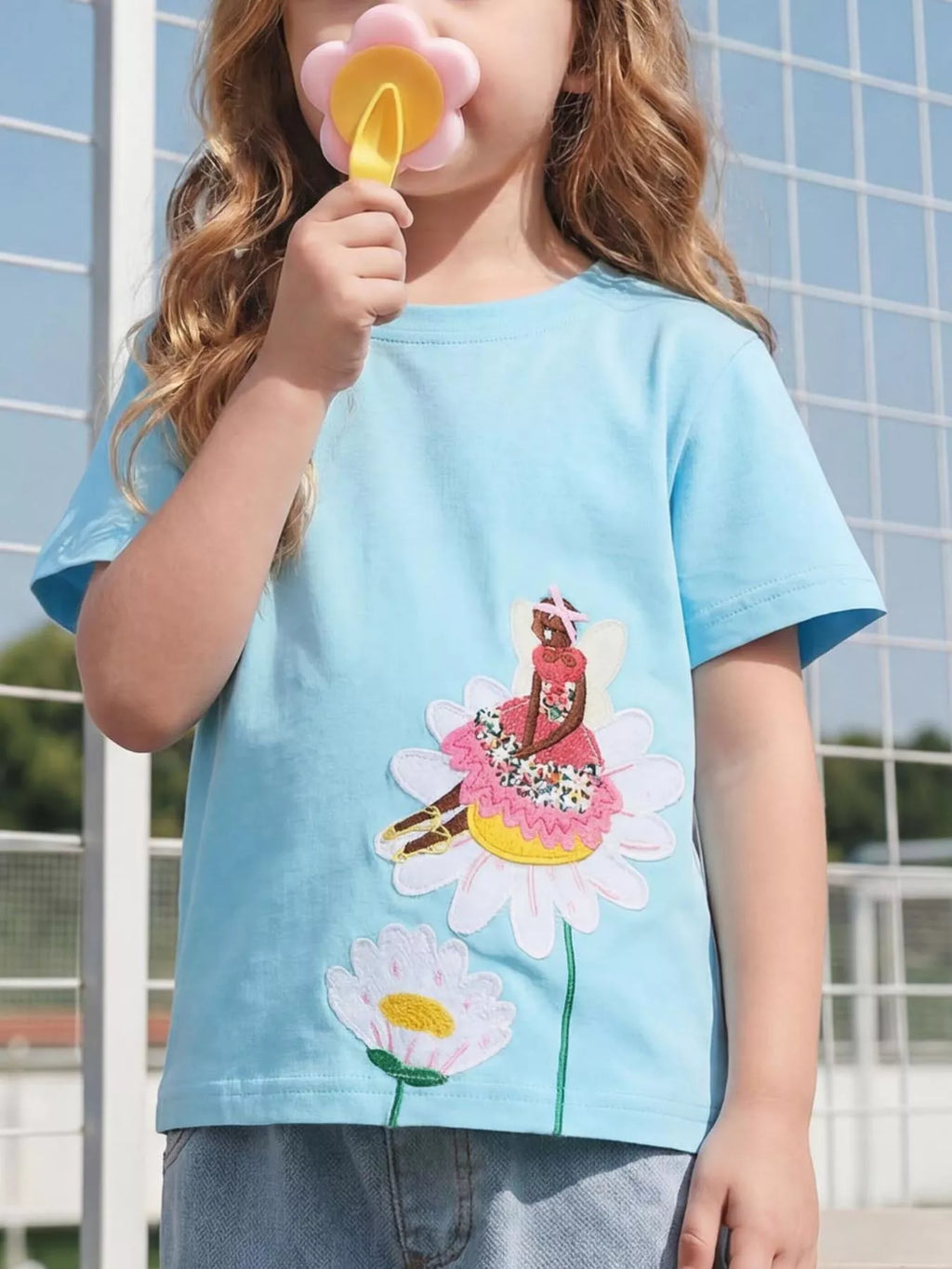 Fairy and Flower Embroidered Short Sleeve T-Shirt in Lake Blue, product view 1