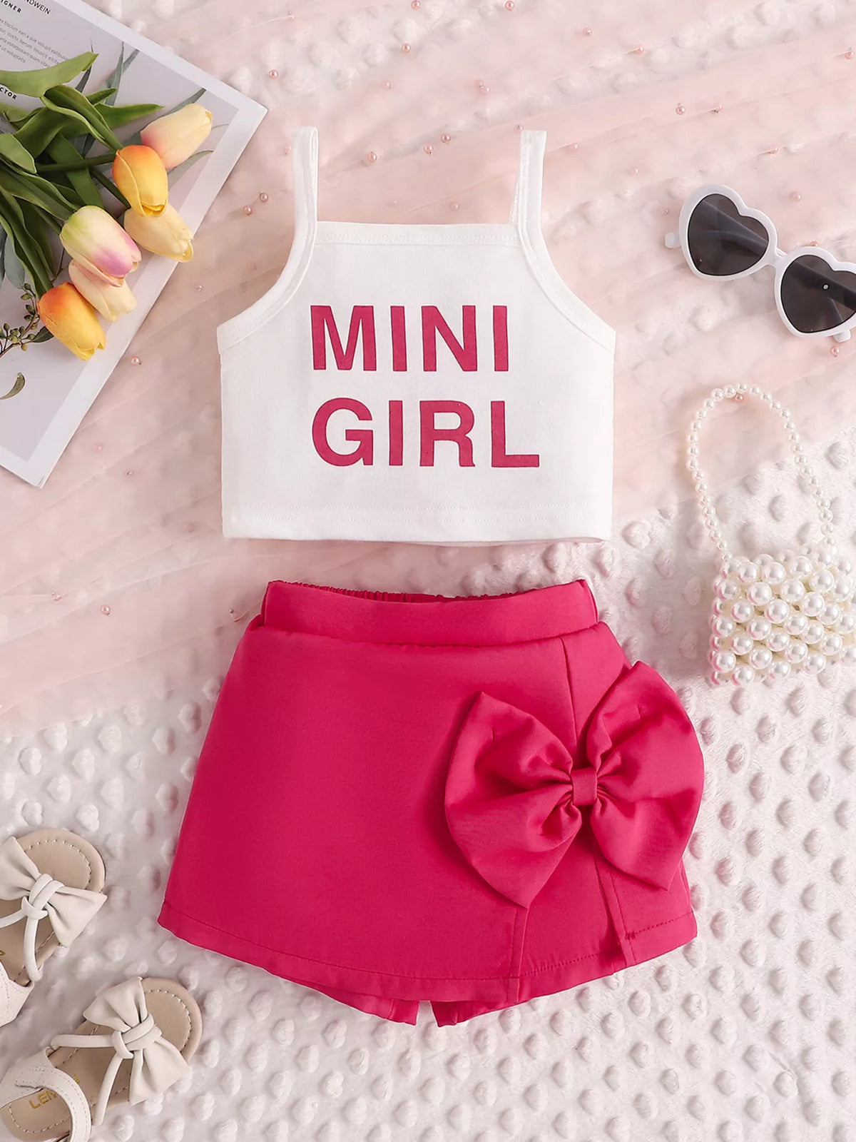 Letter Graphic Cami and Bow Skort Set in White, product view 2