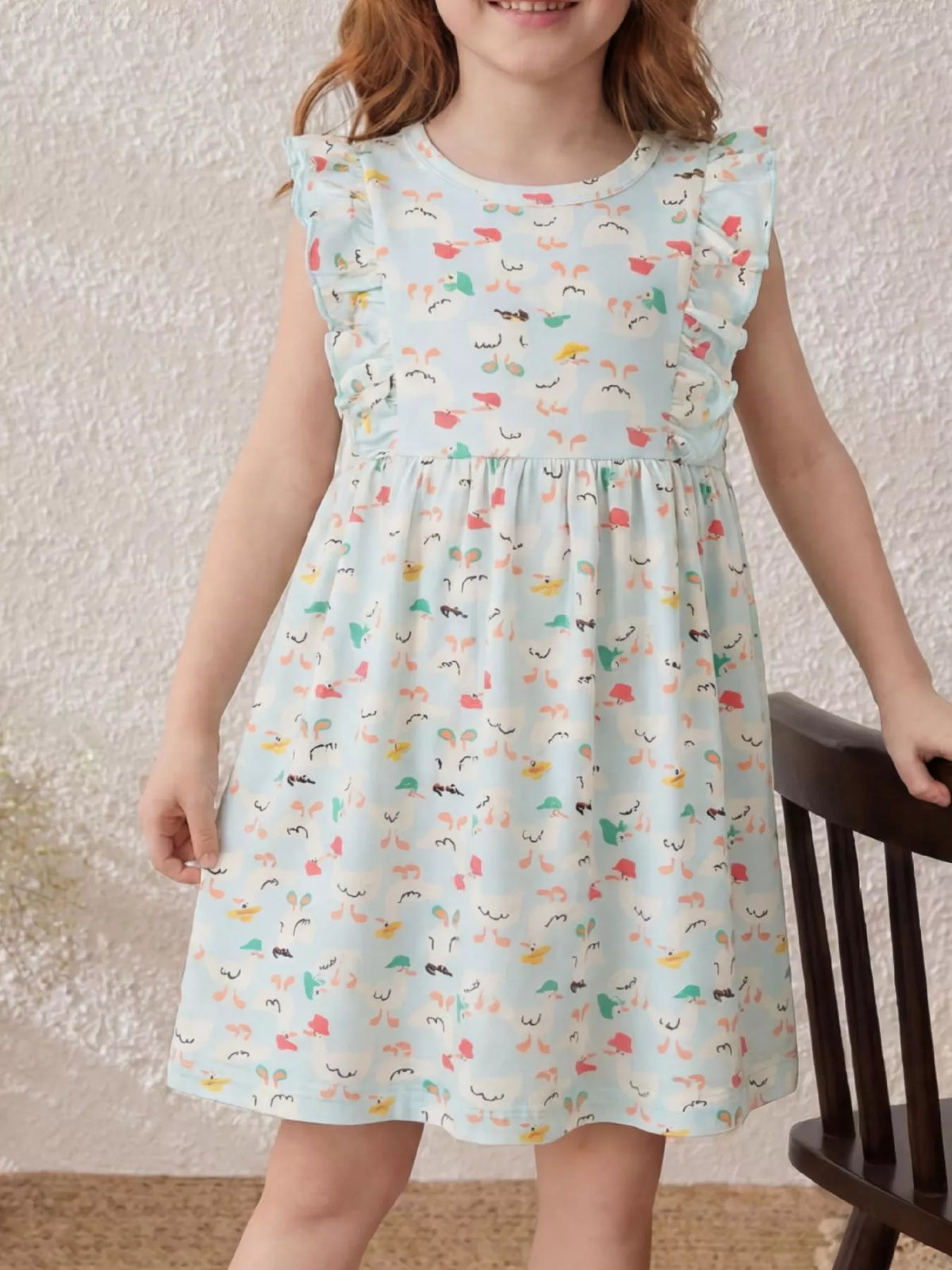 Ruffle Sleeve Cartoon Print Dress in Ivory White, product view 1